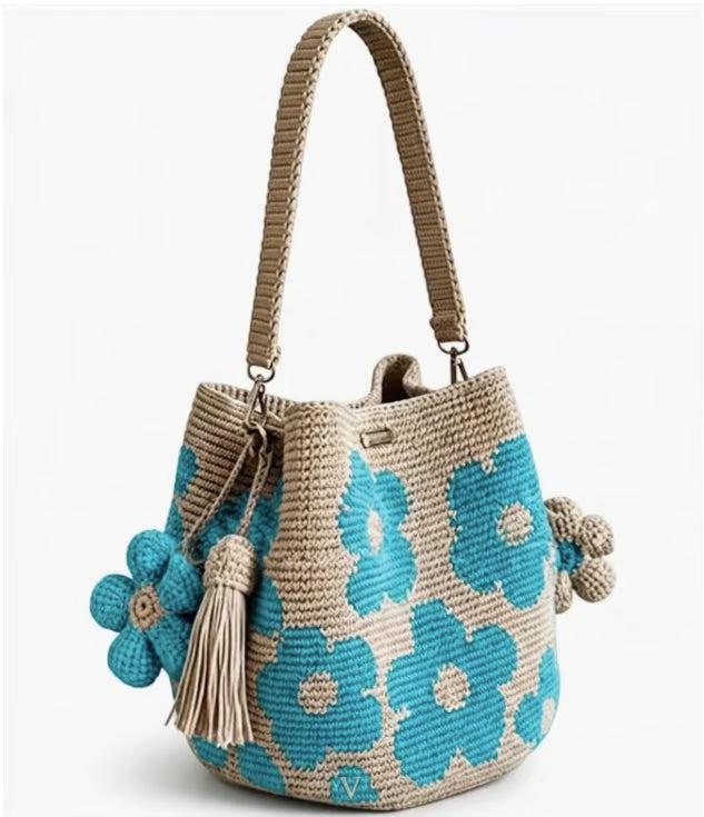 Turquoise Floral Crochet Bag